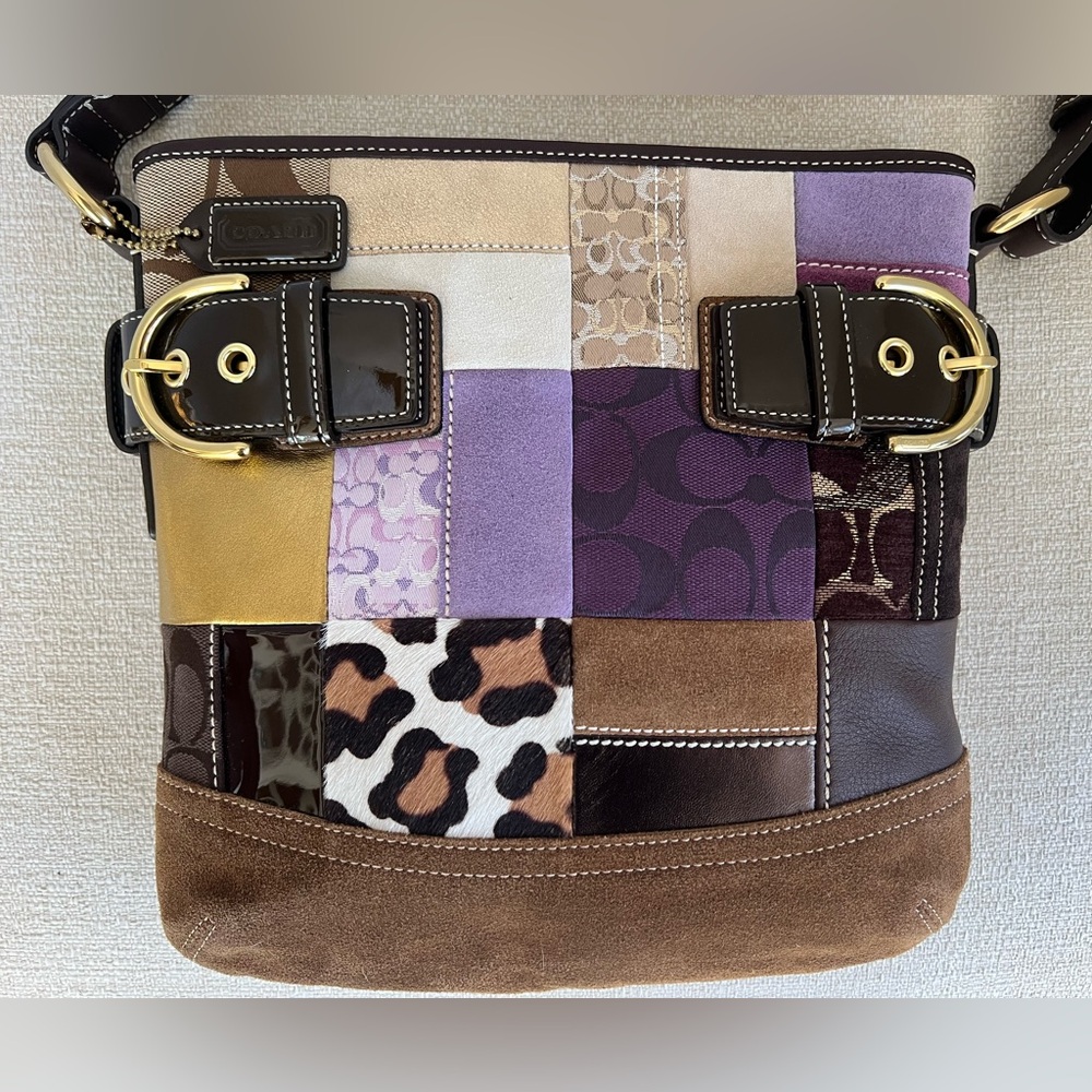 Coach Limited Edition Patchwork Suede and Leather Handbag Purple Brown Gold NWT